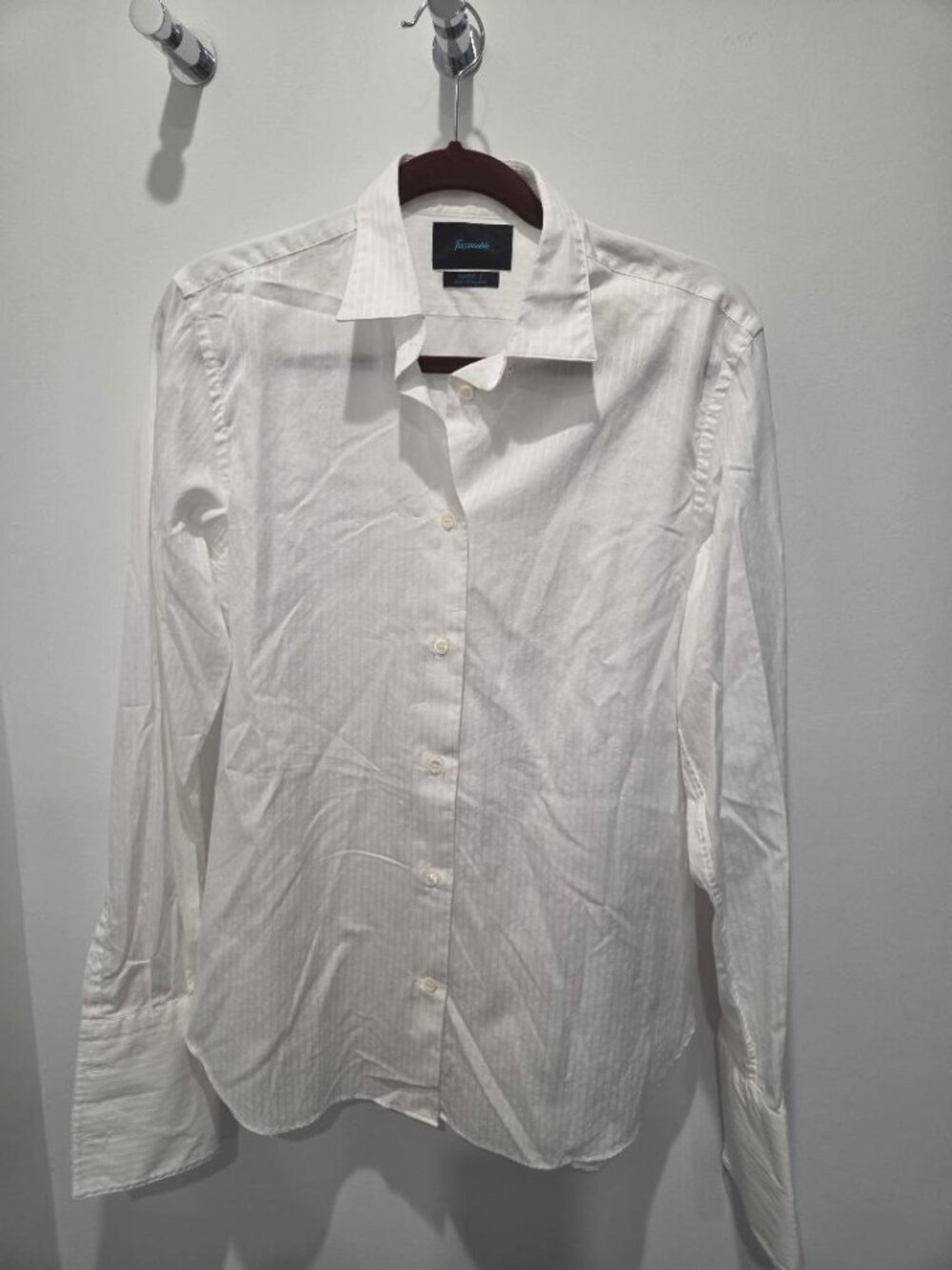 Fagonnable Women's White on White Stripe Button Down Shirt with French Cuffs L